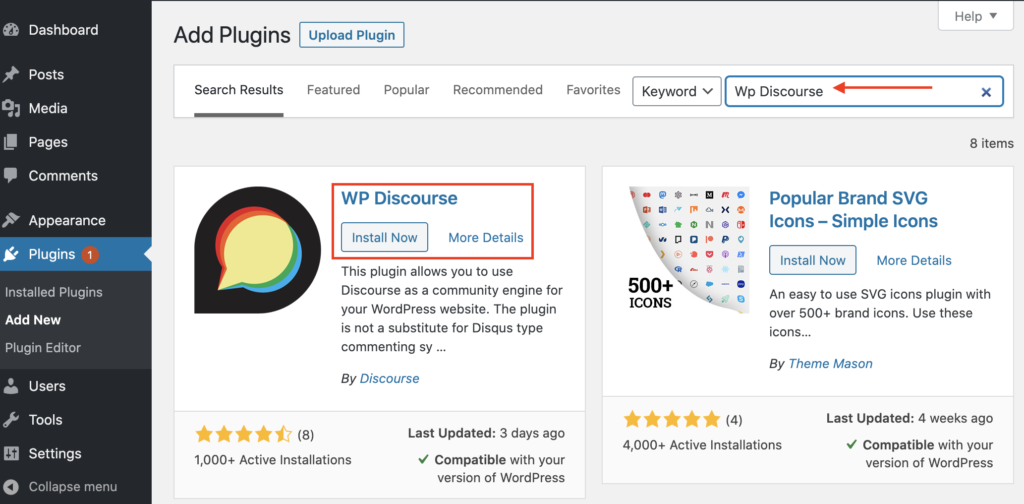 Instale o plug -in WP Discourse no painel do WordPress