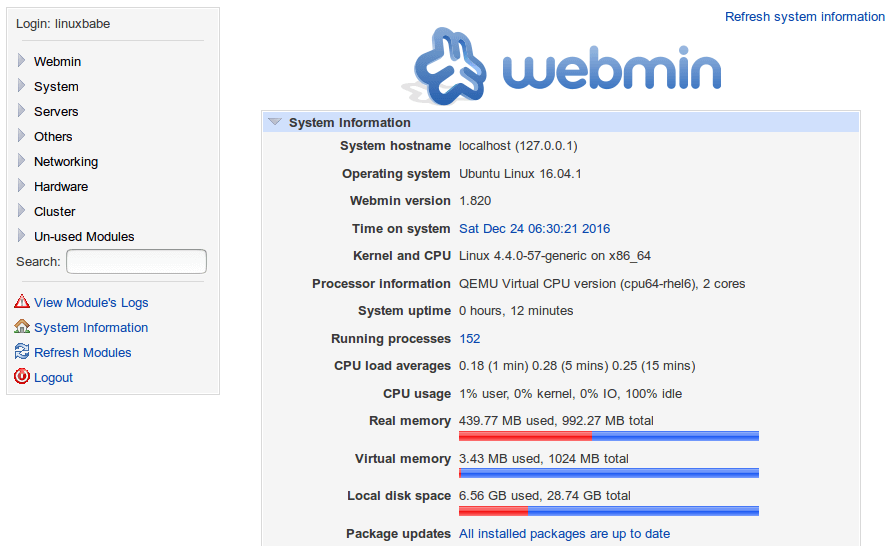 Cài đặt thông tin hệ thống webmin